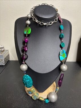 Mixed Media Fashion Statement Multicolor Long Colorful Beaded Necklace